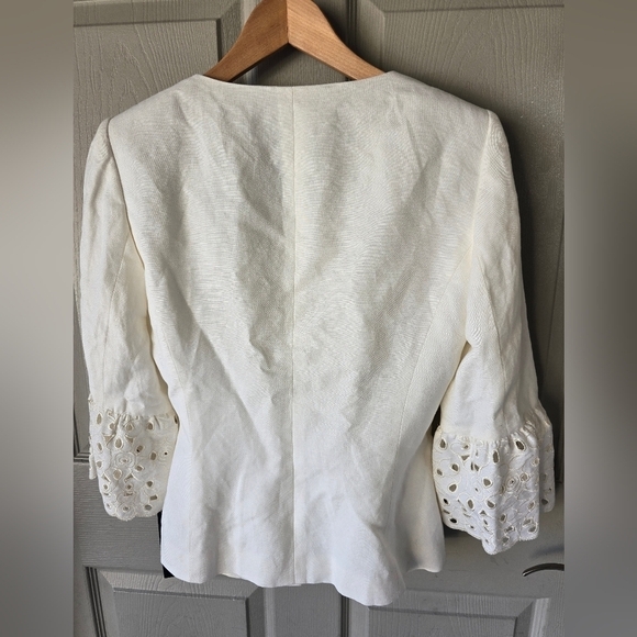 $240 Nipon Boutique Linen Blend Blazer Jacket Women 6 Lace Flare Sleeve Eyelet - Picture 14 of 14